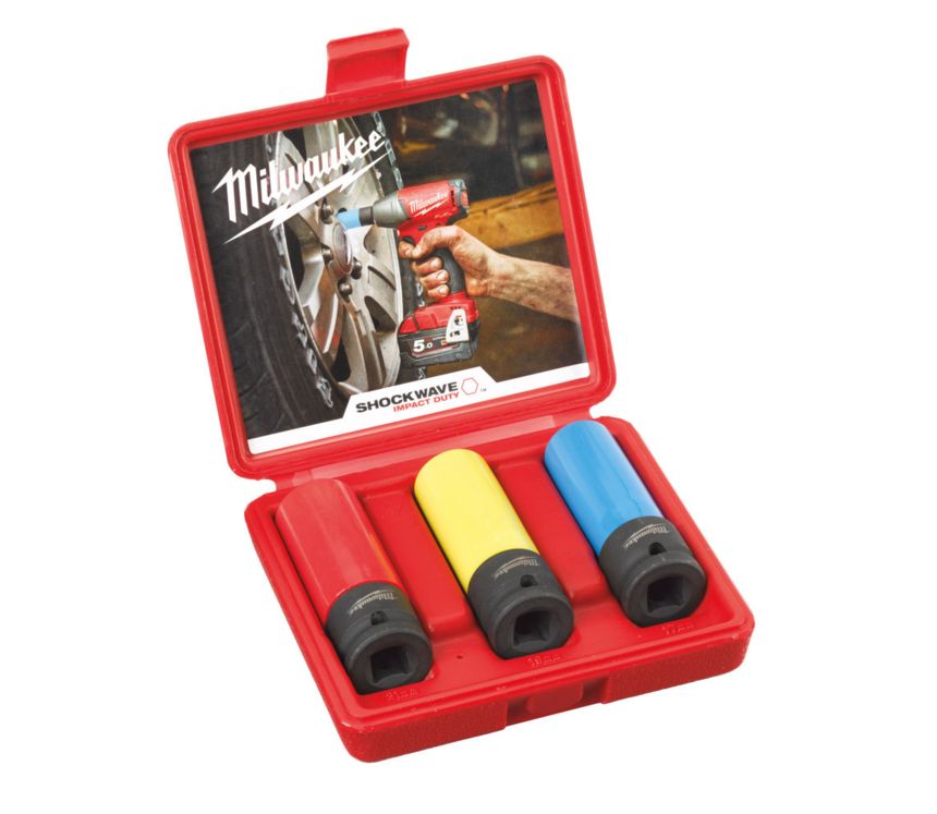 Nástrčné hlavice 1/2 "Milwaukee Shockwave ™ Impact Duty 17 ÷ 21 mm, na Al kolesá. Sada 3 ks