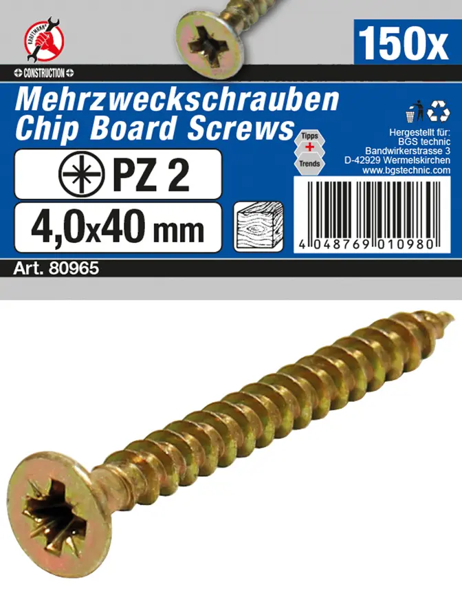 Víceúčelové šrouby křížové PZ2 4,0 x 40 mm 150 ks (BGS1080965)
