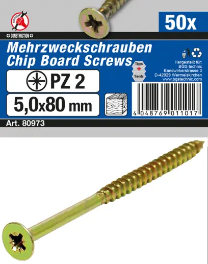 Víceúčelové šrouby křížové PZ2 5,0 x 80 mm 50 ks (BGS1080973)