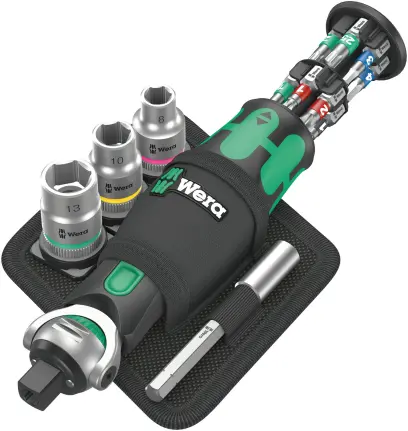 Wera 004281 Kompaktná račňa 3/8" | 1/4" typ 8009 Zyklop Pocket Set 2, s bitmi a hlavicami - 18 dielov (W05004281001)