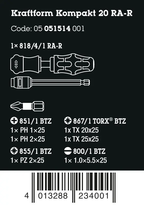 Wera 051514 Ruční šroubovák s ráčnou Kraftform Kompakt 20 RA-R včetně bitů. V pouzdru (Sada 6 dílů) (W05051514001)