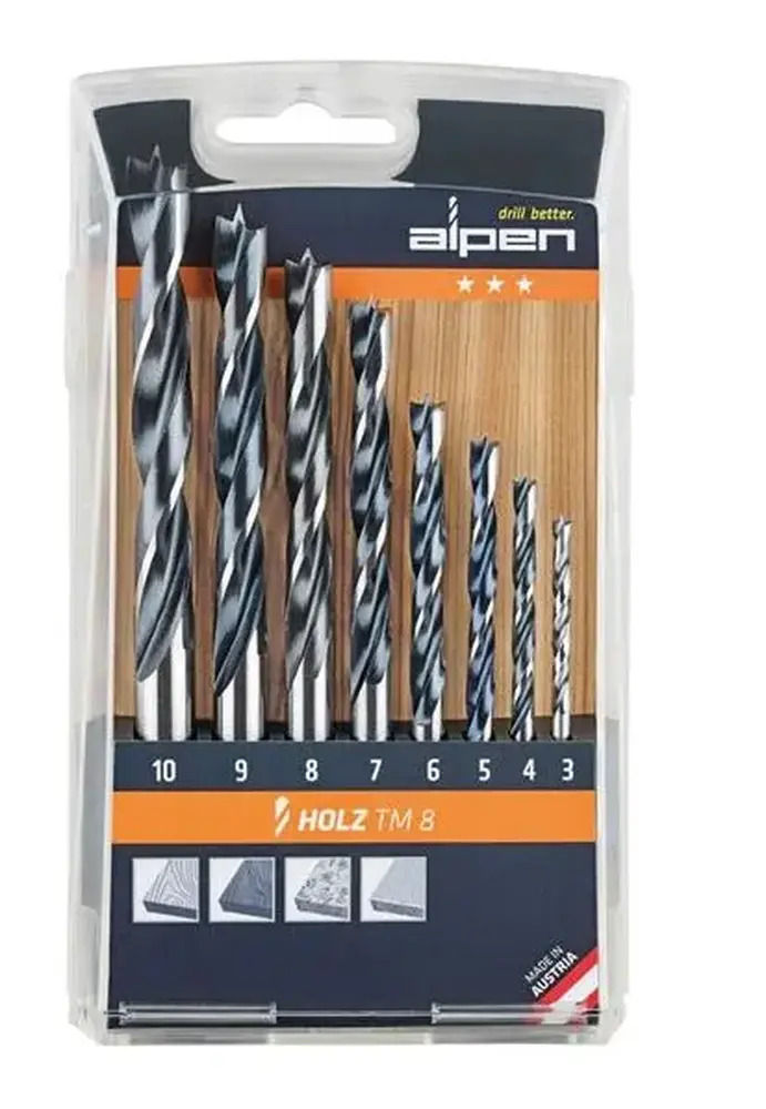 Špirálové vrtáky HSS do dreva pr. 3 ÷ 10 mm Alpen Holz TM 8 (Sada 8 dielov) (ALPEN0000600092100)