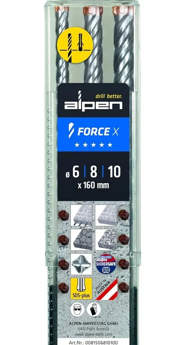Výkonné SDS-plus vrtáky pr. 6 ÷ 10 mm so štyrmi britmi Alpen Force X (Sada 3 diely) (ALPEN0081506810100)