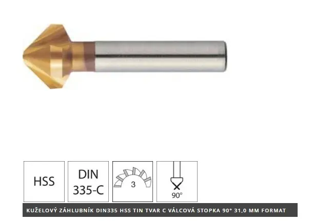 Kuželový záhlubník DIN335 HSS TiN TVAR C válcová s topka 90° 19,0 mm FORMAT