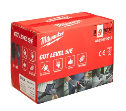 155819-pracovni rukavice milwaukee cut, ochrana proti proriznuti e, velikost 9 (l), 144 paru, 493247