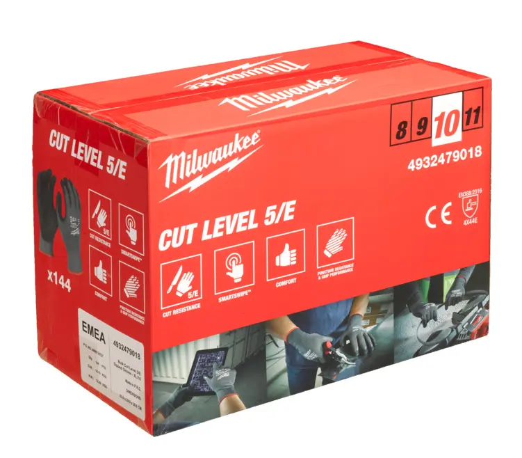 Pracovní rukavice Milwaukee CUT, ochrana proti proříznutí E, velikost 10 (XL), 144 párů, 4932479018