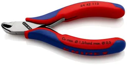 Čelné štiepacie kliešte Knipex 64 42 115 SB – pre elektroniku, šikmé čepele, krátka hlava (K 64 42 1