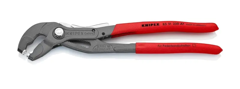 Kliešte na hadicové spony KNIPEX 85 51 250 AF, 250 mm - uzamykateľné, protišmyková rukoväť, šedo fosfátované inštalolom (K 85 51 250 AF)