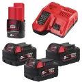 Aku nabíjecí sada Milwaukee M18 NRG-503, 3x Akumulátor M18 B5 a 1x M12 B2 + Aku rychlonabíječka M12-18 FC, 4933451423 (MI4933451423)