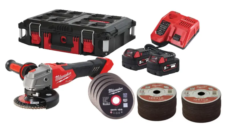 Aku úhlová bruska 125 mm Milwaukee M18 FSAG125XB100P-502P FUEL COMBO KIT IN2, řezné kotouče a PACKOUT box, 2x Aku M18 B5 + M12-18 FC, 4933498241
