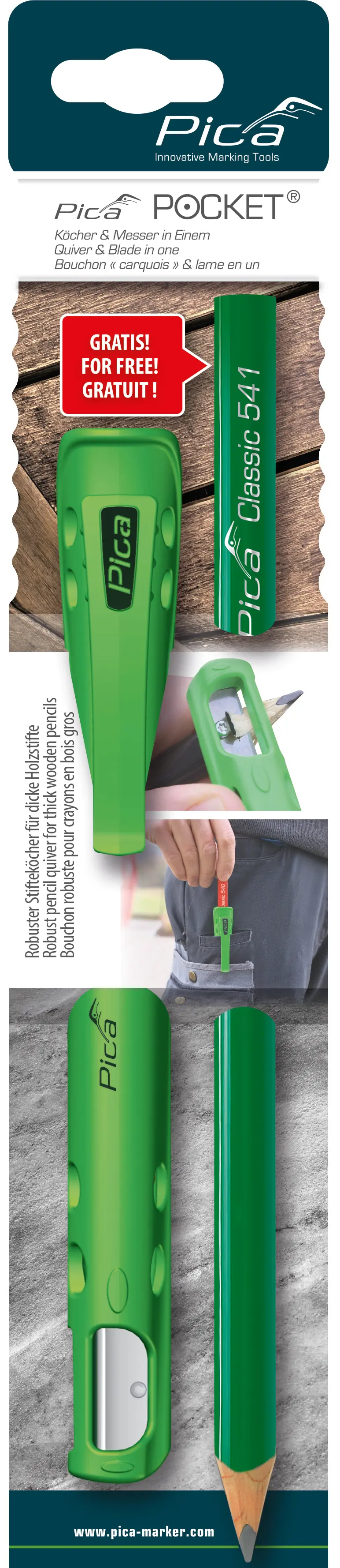 Kapesní pouzdro s ořezávátkem PICA POCKET + 1x zednická tužka PICA 505/02 (PICA505/02)