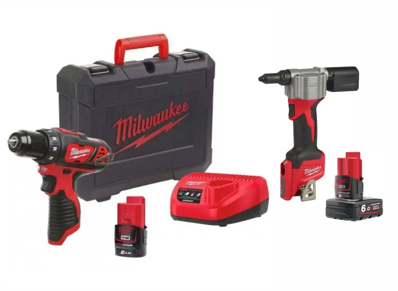 Set nářadí Kompaktní šroubovák MILWAUKEE M12 BDD-201C + Aku nýtovací kleště + Akumulátor Milwaukee M12 (SET1)