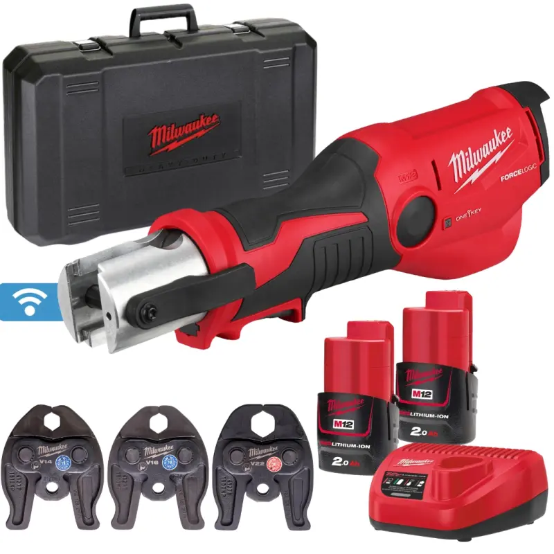 Aku hydraulický lis Milwaukee M12 ONEHPT-202C V-SET2, ONE-KEY, 2x aku M12 B2 + M12 C12 C + kufr + čelisti, 4933481035