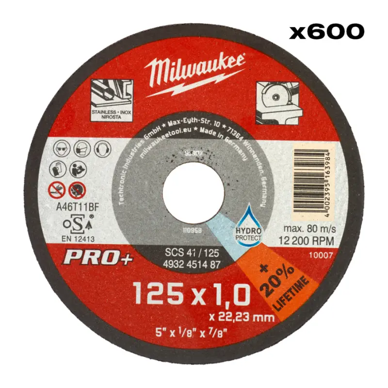 Tenké řezné kotouče na nerez Milwaukee PRO+ SCS 41 (125 x 1 x 22 mm) 600 ks, MI4932500580