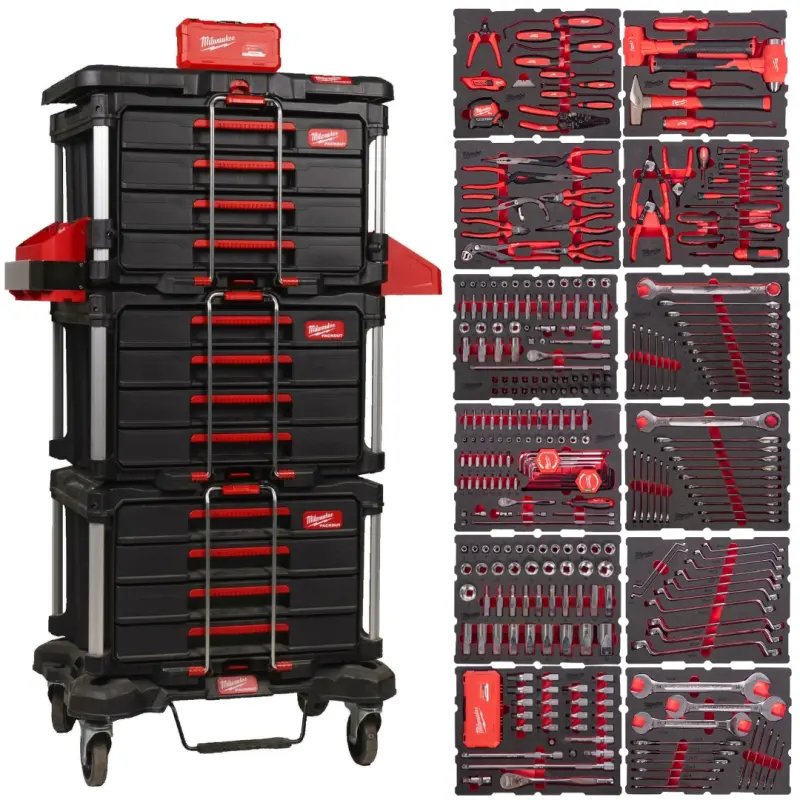 Boxy na nářadí Milwaukee PACKOUT, vybavené moduly, 370 ks nářadí, 4932501863