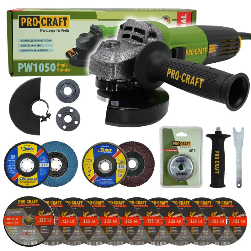 Brúska uhlová Procraft PW1050 + rýchloupínacia matica, 10x rezný kotúč, 2x lamelový kotúč | SPW1050/RM14