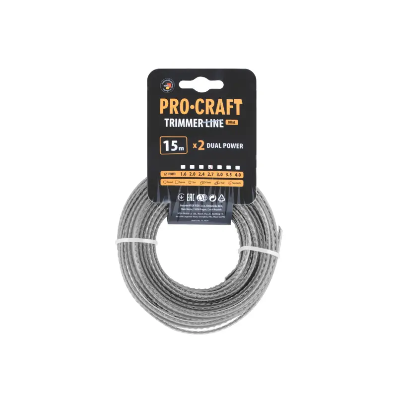 Struna žacia (2.7mm) (s výstuhou) (15m) ozubená PROCRAFT KD/J-2.7/15 | KD/J-2.7/15