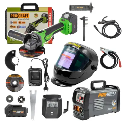 Sada svářecí invertor Procraft RWI-300 s aku úhlovou bruskou PGA22-1B-C + kukla SPH1000 (PRCSRWI-300/PGA22-1B/SPH1000)