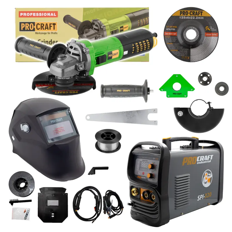 Sada zvárací poloautomatický invertor SPI-320 s uhlovou brúskou PW2450 + drôt FW81 + kukla + magnet | SSPI-320/PW2450/SPH90