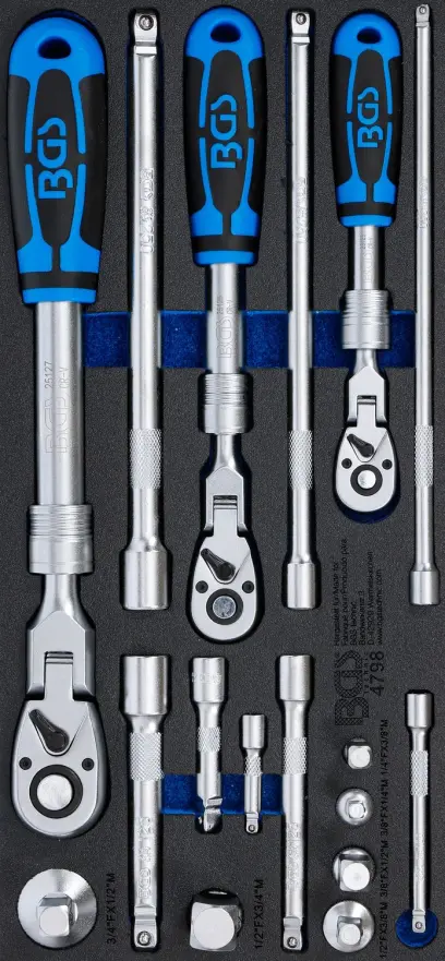 BGS 4798 Vložka do dielenského vozíka 1/3: prepínacie račne 1/4" - 3/8" - 1/2" teleskopické, uhlové - 17 dielov
