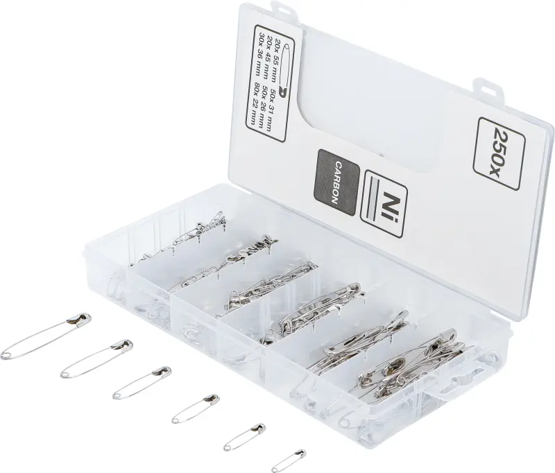 Bezpečnostné špendlíky 22 ÷ 55 mm Kraftmann 88196 6 veľkostí - 250 dielov (BGS1088196)