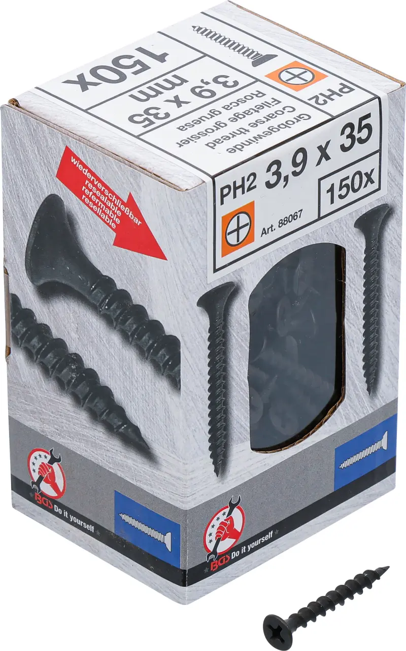 Sadrokartónové skrutky PH2 hrubý závit 3,9 × 35 mm 150 ks Kraftmann 88067 (BGS1088067)