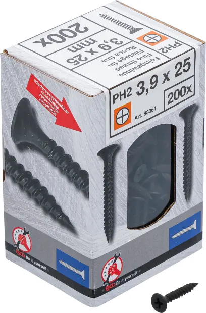 Sadrokartónové skrutky PH2 Jemný závit 3,9 × 25 mm 200 ks Kraftmann 88061 (BGS1088061)