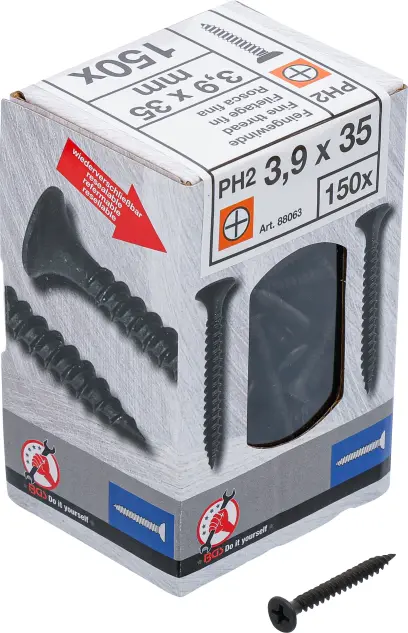 Sadrokartónové skrutky PH2 Jemný závit 3,9 × 35 mm 150 ks Kraftmann 88063 (BGS1088063)