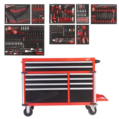 Vybavený dílenský vozík/skříň Milwaukee TOOLGUARD 46" (117 cm), 10 zásuvek, 501 ks nářadí, 4932502079