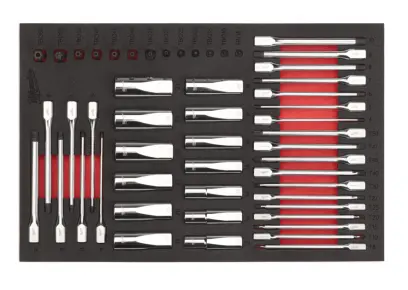 Sada nářadí Milwaukee v pěnové vložce do vozíku 46"/36", 1/4"-3/8"-1/2" nástrčné hlavice a bity, 81 ks, 4932502081