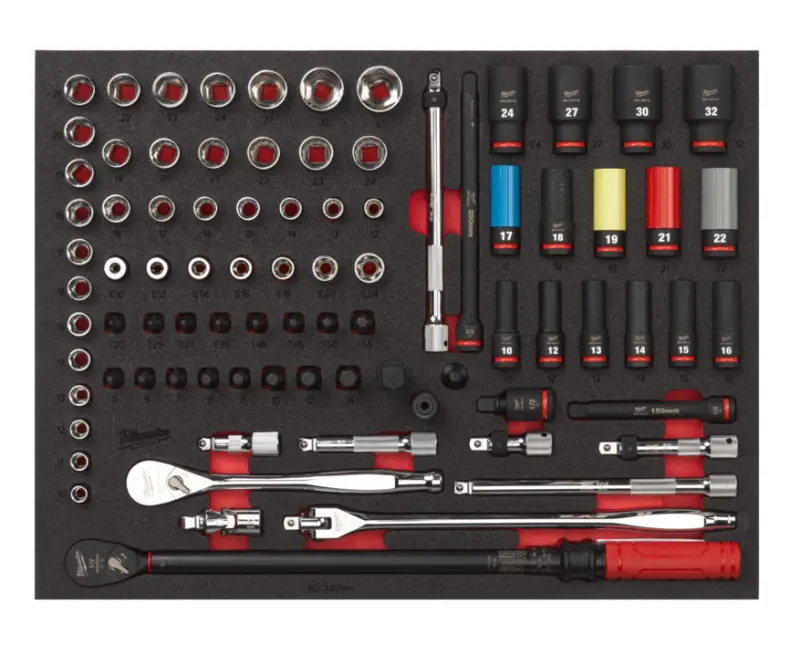 Sada nářadí Milwaukee v pěnové vložce do vozíku 46"/36", 1/2" ráčna a hlavice, 85 ks, 4932502082