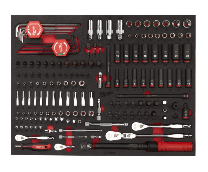 Sada nářadí Milwaukee v pěnové vložce do vozíku 46"/36", 1/4" a 3/8" ráčny, nástrčné hlavice a bity, 171 ks, 4932502080