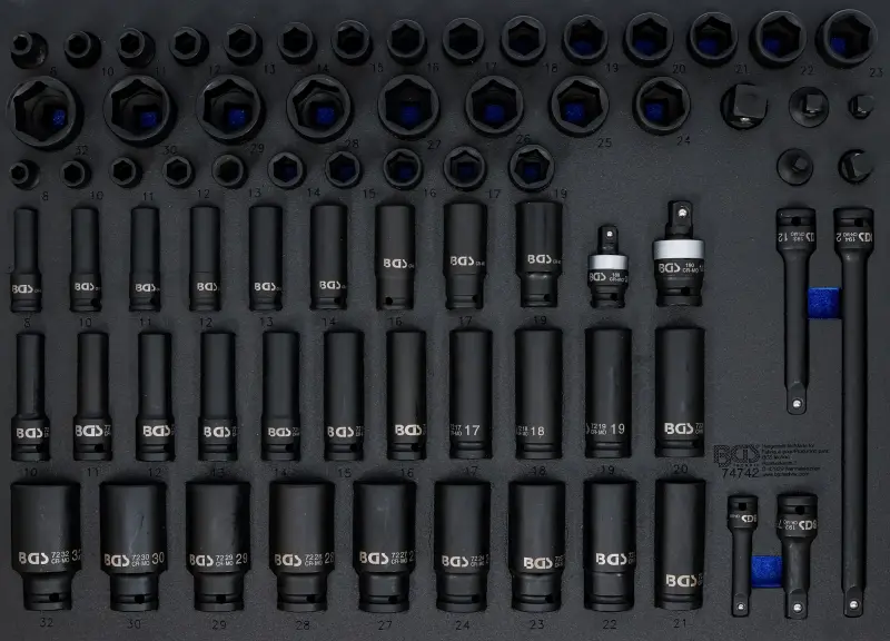 Vložka do dielenského vozíka 3/3: sada silových nástrčných šesťhranných hlavíc, šesťhranné | 10 mm (3/8), 12,5 mm (1/2") | 8 - 32mm | 73dielna