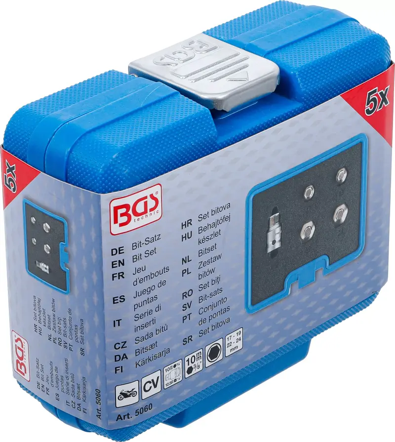 Bity 3/8" 6hran 17 ÷ 24 mm BGS105060 pro osy a vidlice motocyklů. Sada 5 ks včetně adaptéru 1/2" (BGS105060)