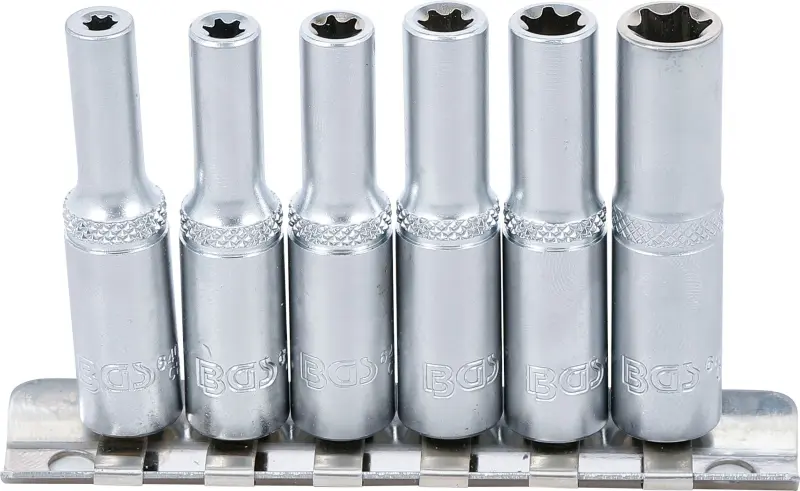 BGS 6403 Nástrčné hlavice 1/4" E-profil E4 ÷ E10, predĺžené. Sada 6 dielov na koľajnici (BGS106403)