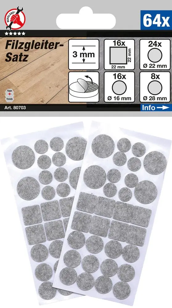 Filcové podložky pod nábytek Kraftmann BGS1080703, samolepicí, šedě melírované. Sada 64 dílů (BGS1080703)