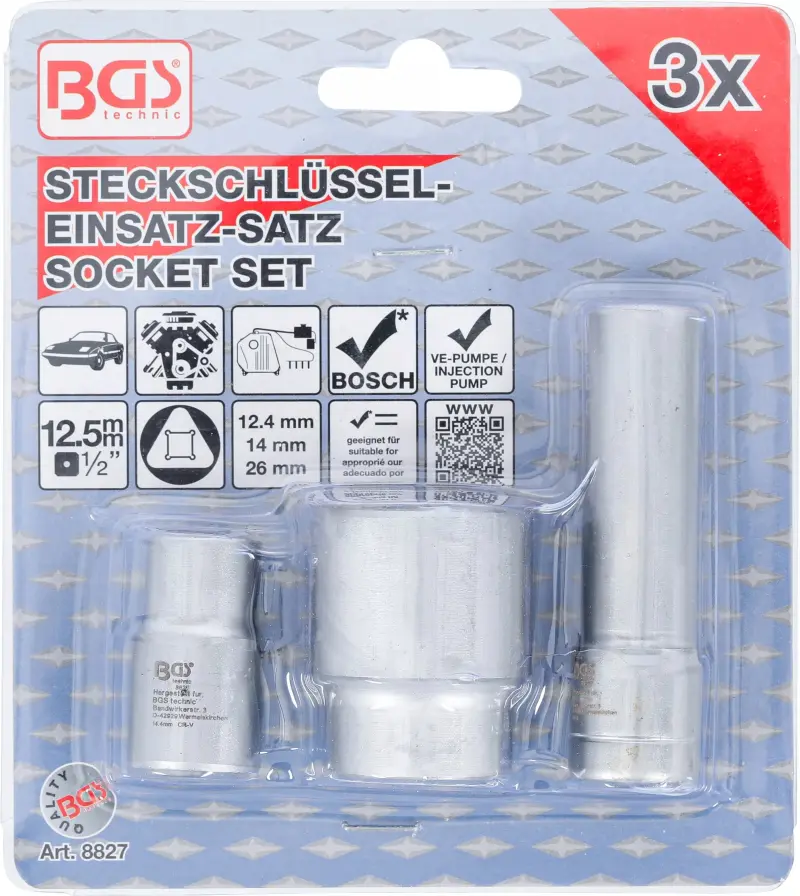 Nástrčné hlavice 1/2" BGS108827 pro vstřikovací čerpadla BOSCH Sada 3 díly (BGS108827)