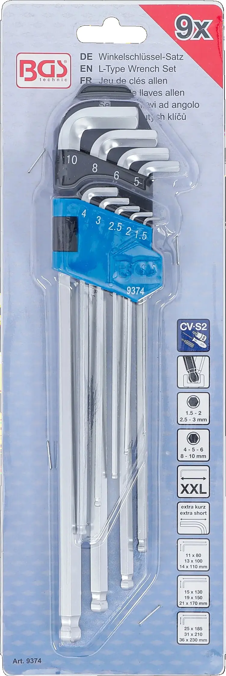 Zástrčné klíče šestihran 1,5 ÷ 10 mm BGS109374 velmi dlouhé + velmi krátké, s kulovou hlavou (Sada 9 dílů) (BGS109374)
