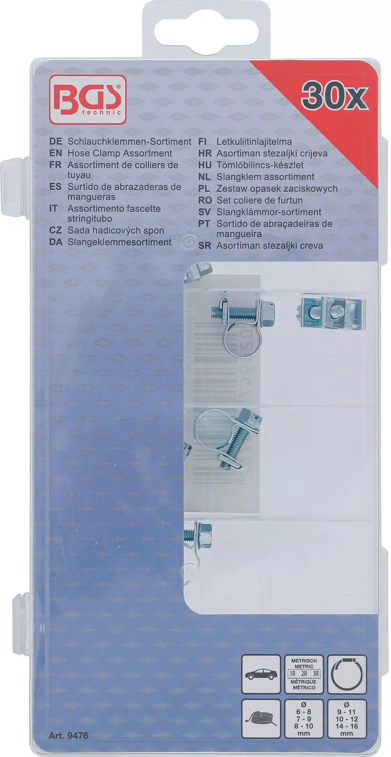 Hadicové spony 6 ÷ 16 mm BGS109476, ocel. Sada 30 ks (BGS109476)