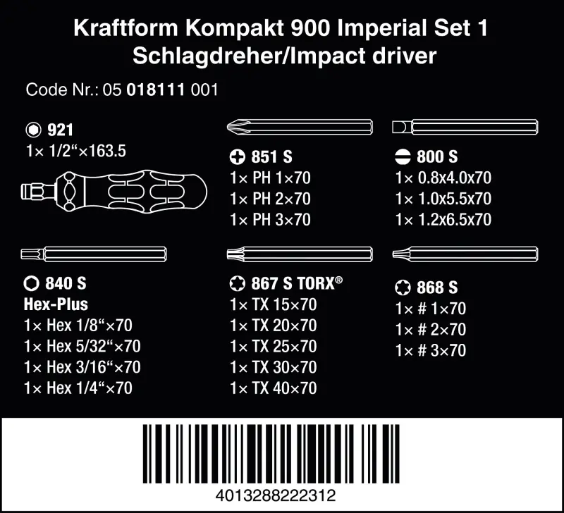 Wera 018111 Rázové šroubováky 1/4" Kraftform Plus 900 Imperial Set 1, palcové - 19 dílů (W05018111001)