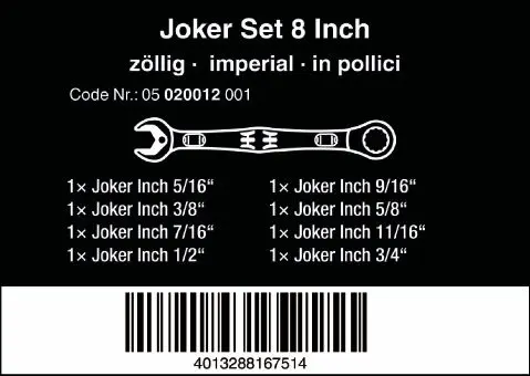 Wera 020012 Očkoploché ráčnové klíče 5/16 ÷ 3/4" 6000 Joker 8 Imperial Set 1, palcové - 8 dílů (W05020012001)