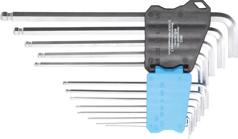 Sada zahnutých klíčů, velmi dlouhé, palcové velikosti vnitřní šestihran, vnitřní šestihran s kulovou hlavou 0,05" - 3/8" (13 dílná) BGS 9801 (BGS109801)