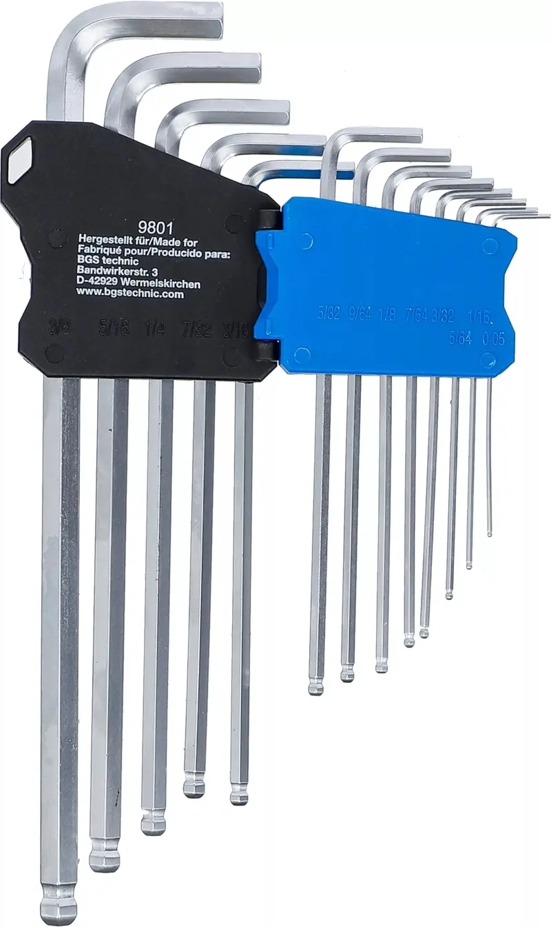 Sada zahnutých klíčů, velmi dlouhé, palcové velikosti vnitřní šestihran, vnitřní šestihran s kulovou hlavou 0,05" - 3/8" (13 dílná) BGS 9801 (BGS109801)