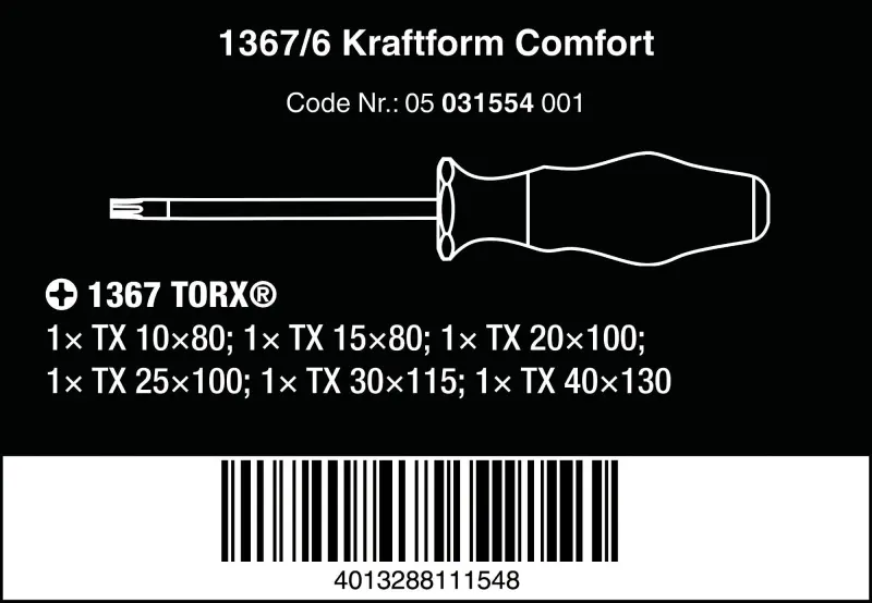 Wera 031554 Sada šroubováků 1367/6 TORX® Kraftform® Comfort (6 dílů) (W05031554001)