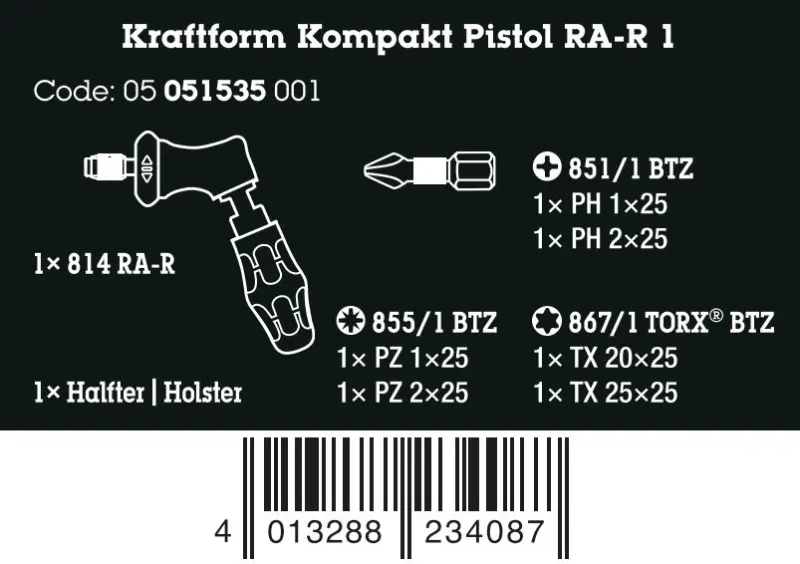 Wera 051535 Pistolový držák bitů Kraftform Kompakt Pistol RA-R 1 s pouzdrem včetně bitů (Sada 7 dílů) (W05051535001)