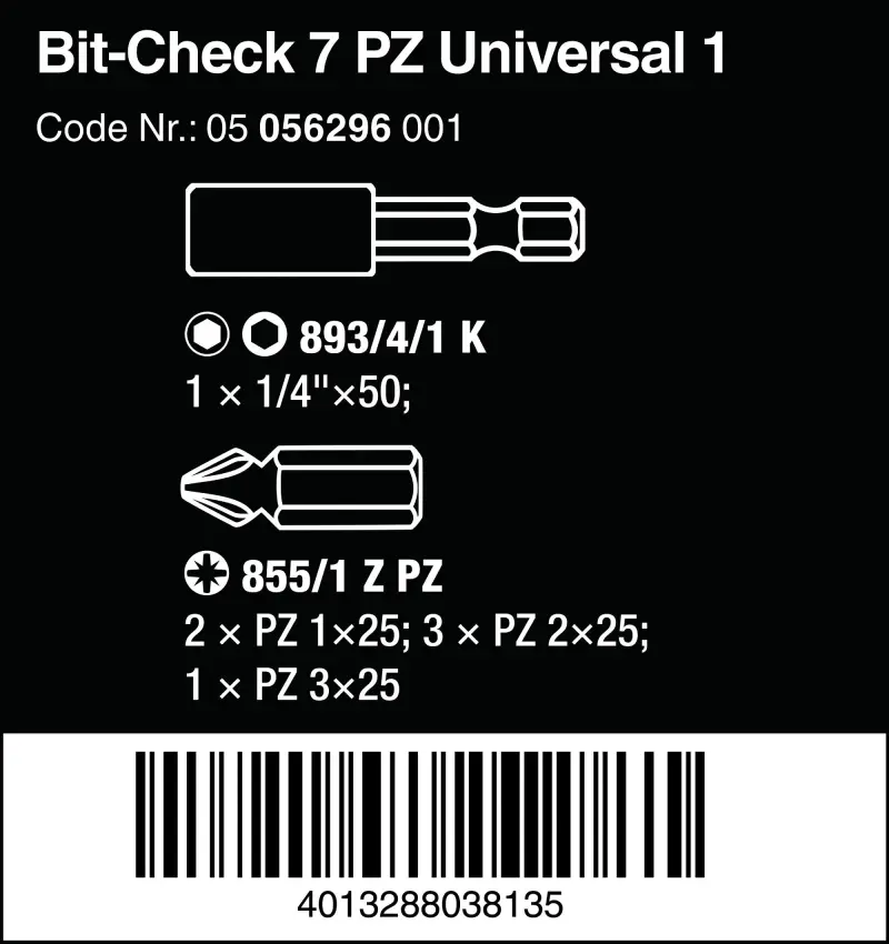 Wera 056296 Houževnaté bity Bit-Check 7 PZ Universal 1 s držákem 893/4/1 K (Sada 7 dílů) (W05056296001)