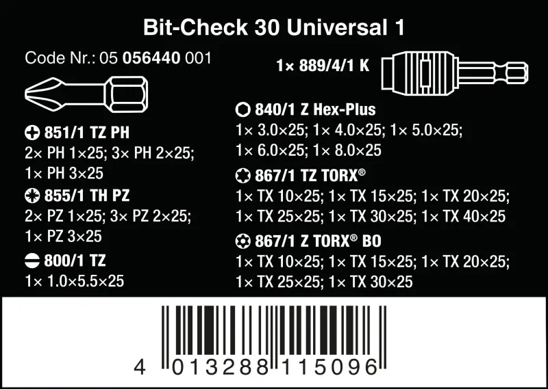 Wera 056440 Houževnaté bity Bit-Check 30 Universal 1 s držákem 889/4/1 K (Sada 30 dílů) (W05056440001)