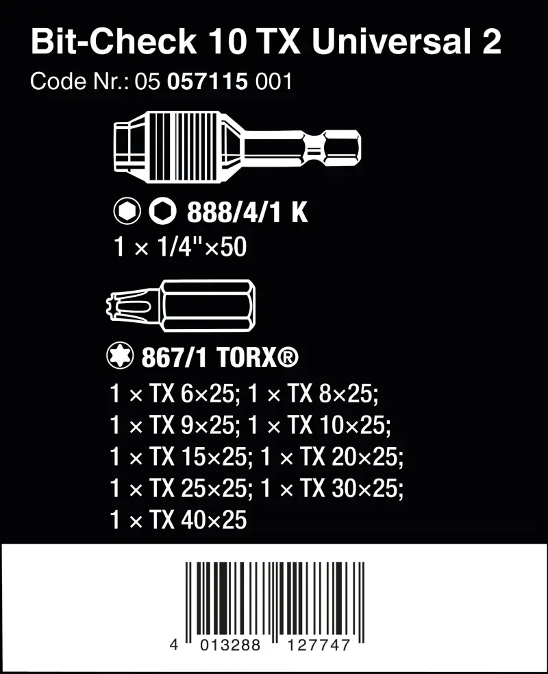 Wera 057115 Bity 1/4" Torx Bit-Check 10 TX Universal 2 (Sada 10 dílů) (W05057115001)