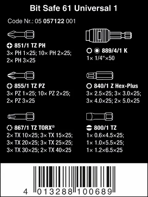 Wera 057122 Bity 1/4" HEX Bit-Safe 61 Universal 1 (Sada 61 dílů) (W05057122001)