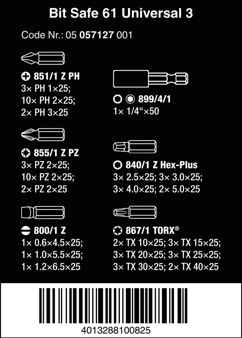 Wera 057127 Bity 1/4" v pouzdře Bit-Safe 61 Universal 3 (Sada 61 dílů) (W05057127001)